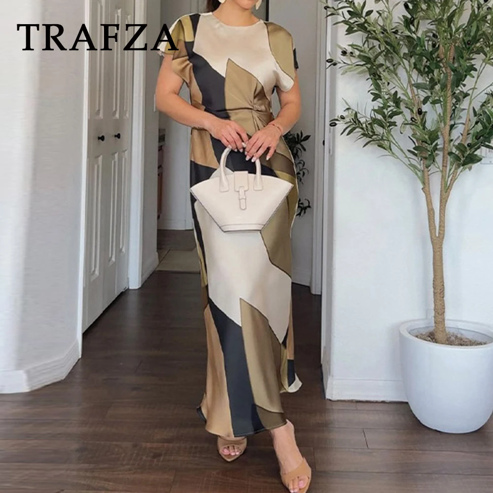 TRAFZA Chic Patchwork primavera 2025 Vestido estampado Midi Tank Vestido de mujer largo plisado ajustado moda verano elegante Vestido de vacaciones