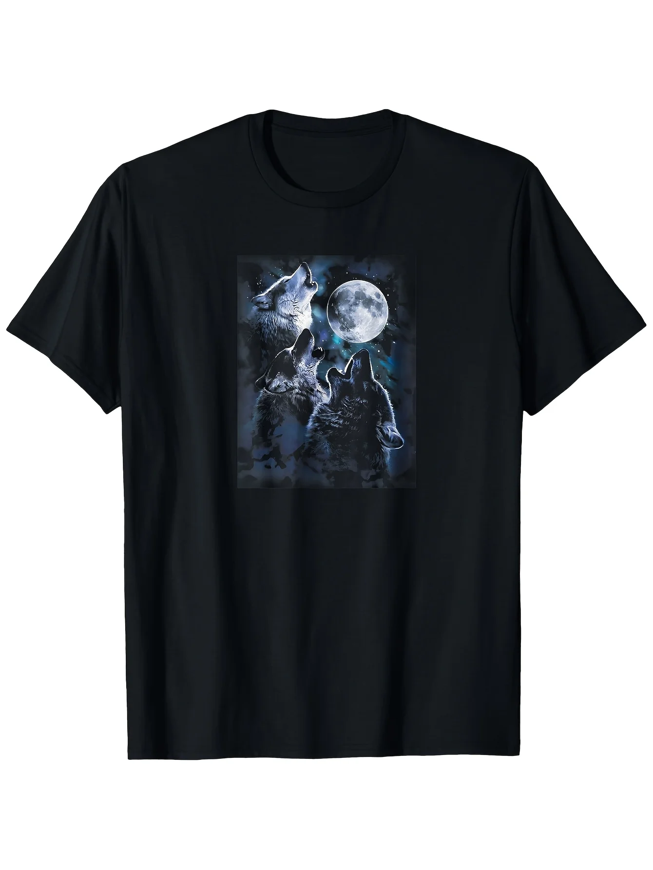 Men's Bohemian Wolf Howling at Moon T-Shirt - Black Crew Neck Tee with Wolf  Moon Design, -Fit Suitable for Casual, Outdoor, Gym Wear,  for, Training, Everyday Use - Spring Summer Fall Comfortable Wolf Shirt