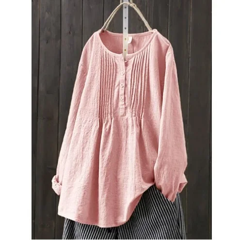 

2025 Spring and Autumn New Japanese and Korean Loose Long Sleeve Pleated Crew Neck Literary Retro Large Size Cotton and Linen