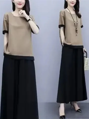 

Модный свободный комплект с юбкой и широкими брюками для мам среднего возраста, летняя одежда больших размеров, костюм из двух предметов на животе