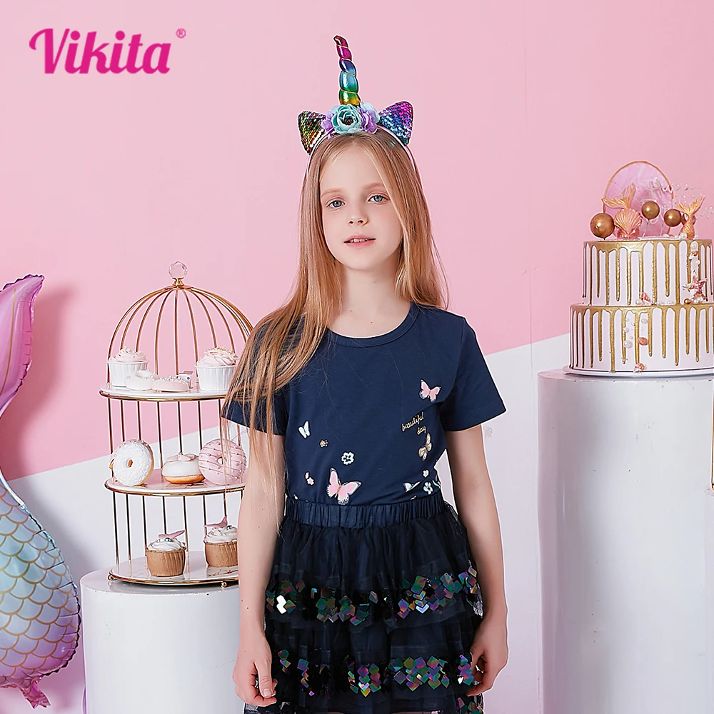 

VIKITA Girls Butterfly Cartoon Print T Shirt Kids Short Sleeve Summer T Shirts Girls Daily Cotton Casual School Tops and Tees