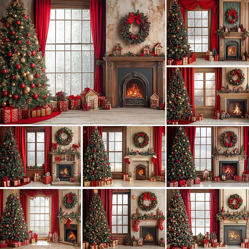 

LS Photography Backgrounds Christmas Window Curtains Xmas Tree Decor Props Child Adult Family Photo Backdrops Studio