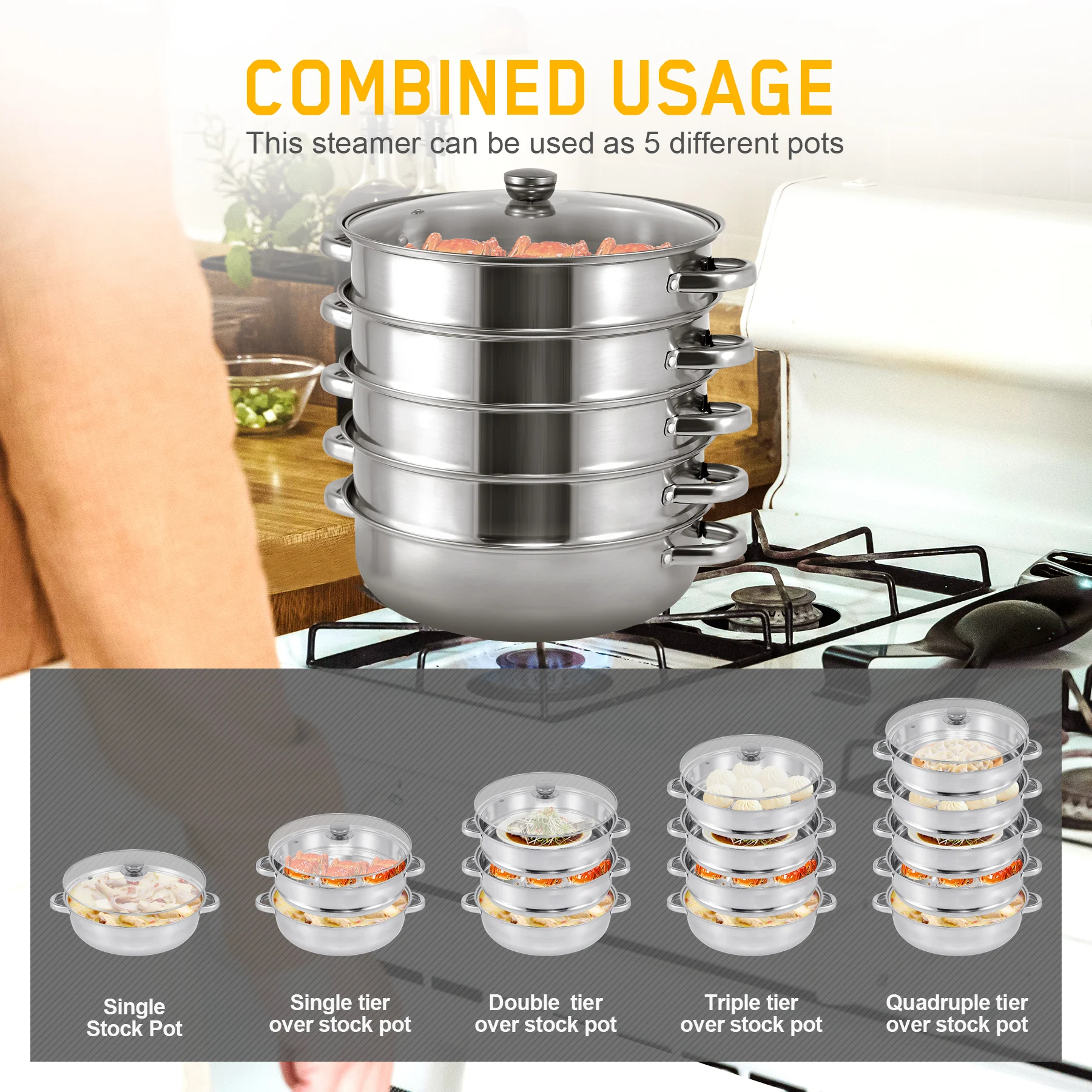 Samger 304 in acciaio inox 5 livelli fornello a vapore pentola a vapore cucina cibo cottura + coperchio in vetro