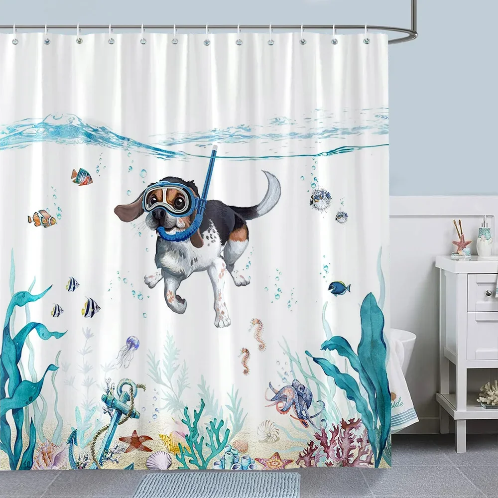 Funny Diving Cat Shower Curtain Blue Ocean Cute Shark Nautical Turtle Anchor Coral Kids Bathroom Curtain Decoration with Hooks