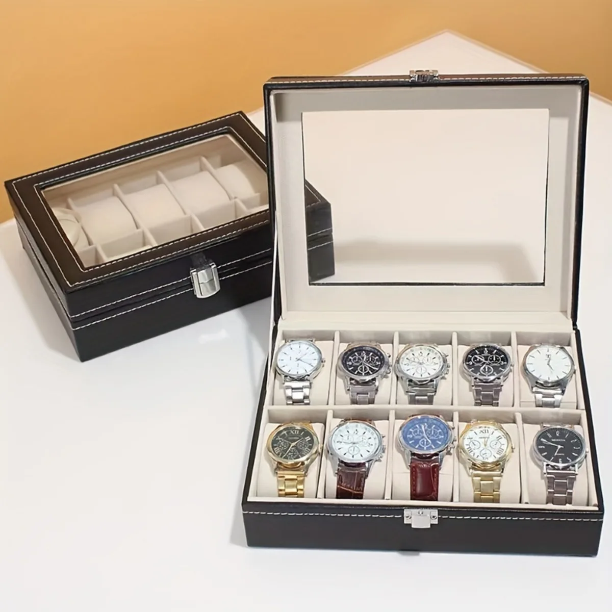 

PU leather 10 seat watch box, watch storage box, watch display box, detachable watch box, watch accessory bracelet integrated bo