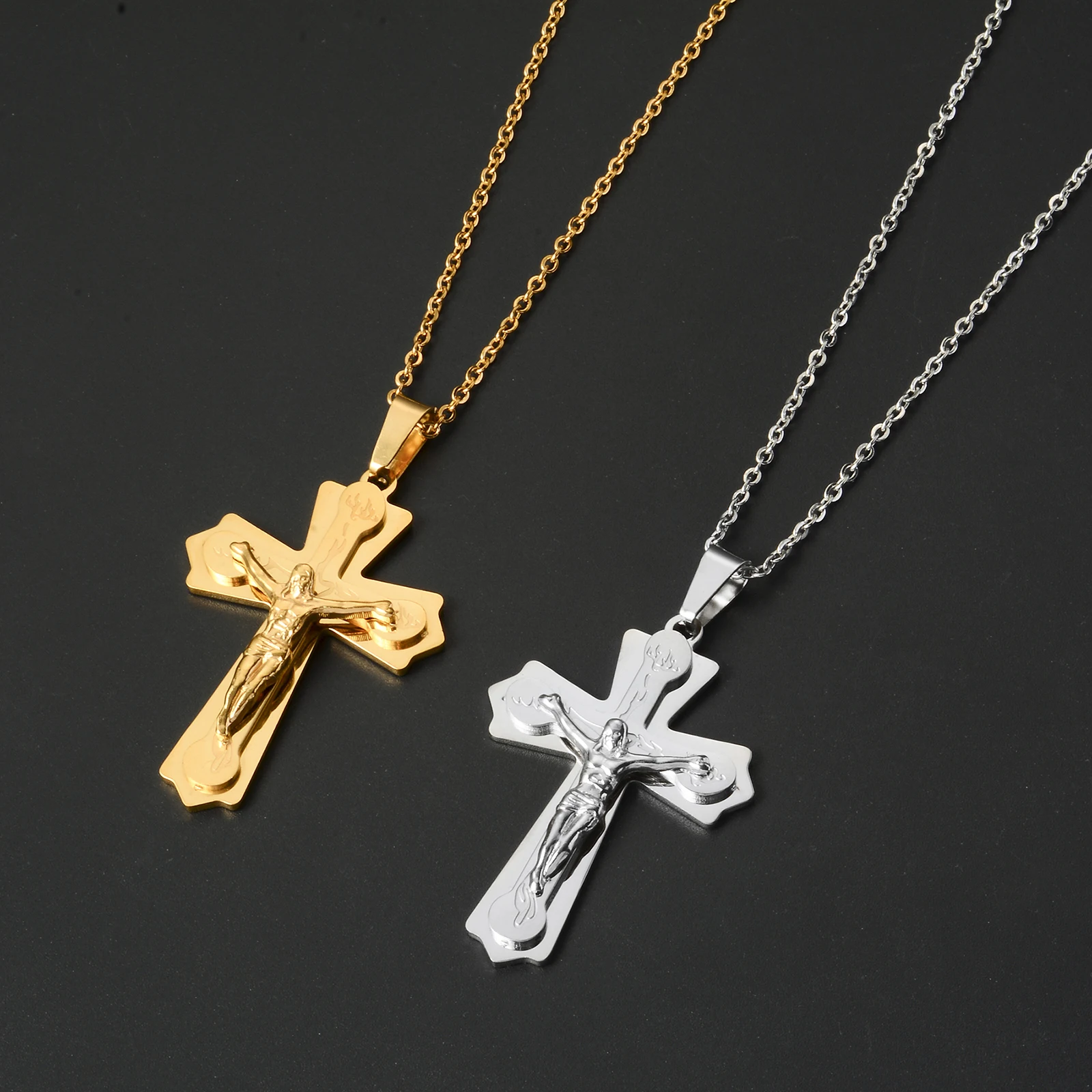 ﻿ Religion Jesus Crucifix Cross Stainless Steel Saint St St. Benedict Crucifix Cross Pendant Necklaces For Men Christmas Gift