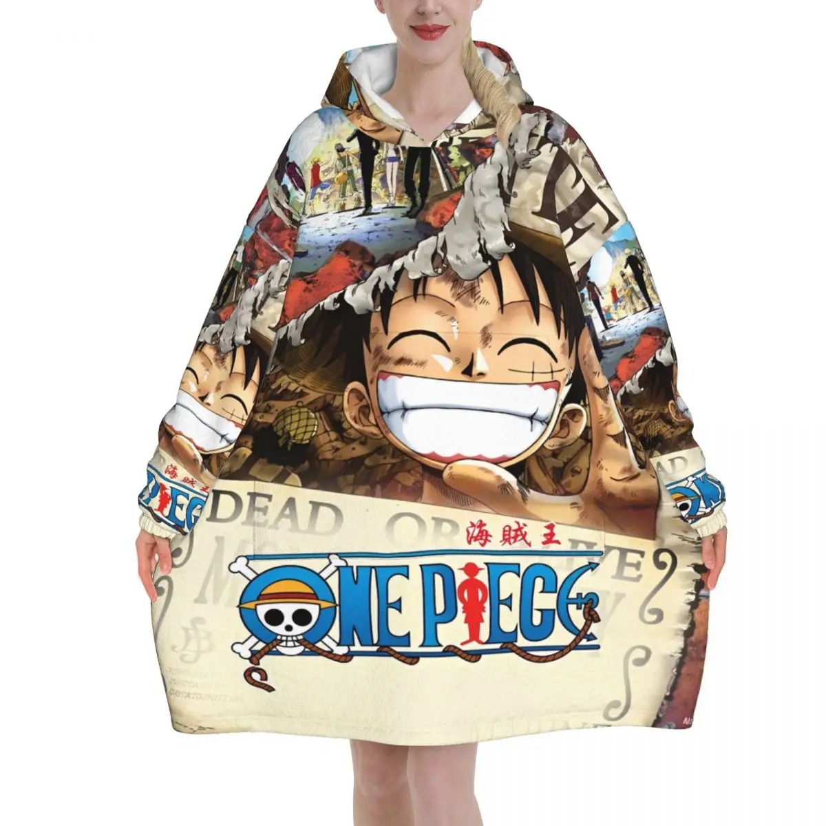 Couverture surdimensionnée une pièce Anime Manga Luffy, cadeaux pour femmes et hommes, sweat-shirt chaud en peluche ultrasuave avec poche