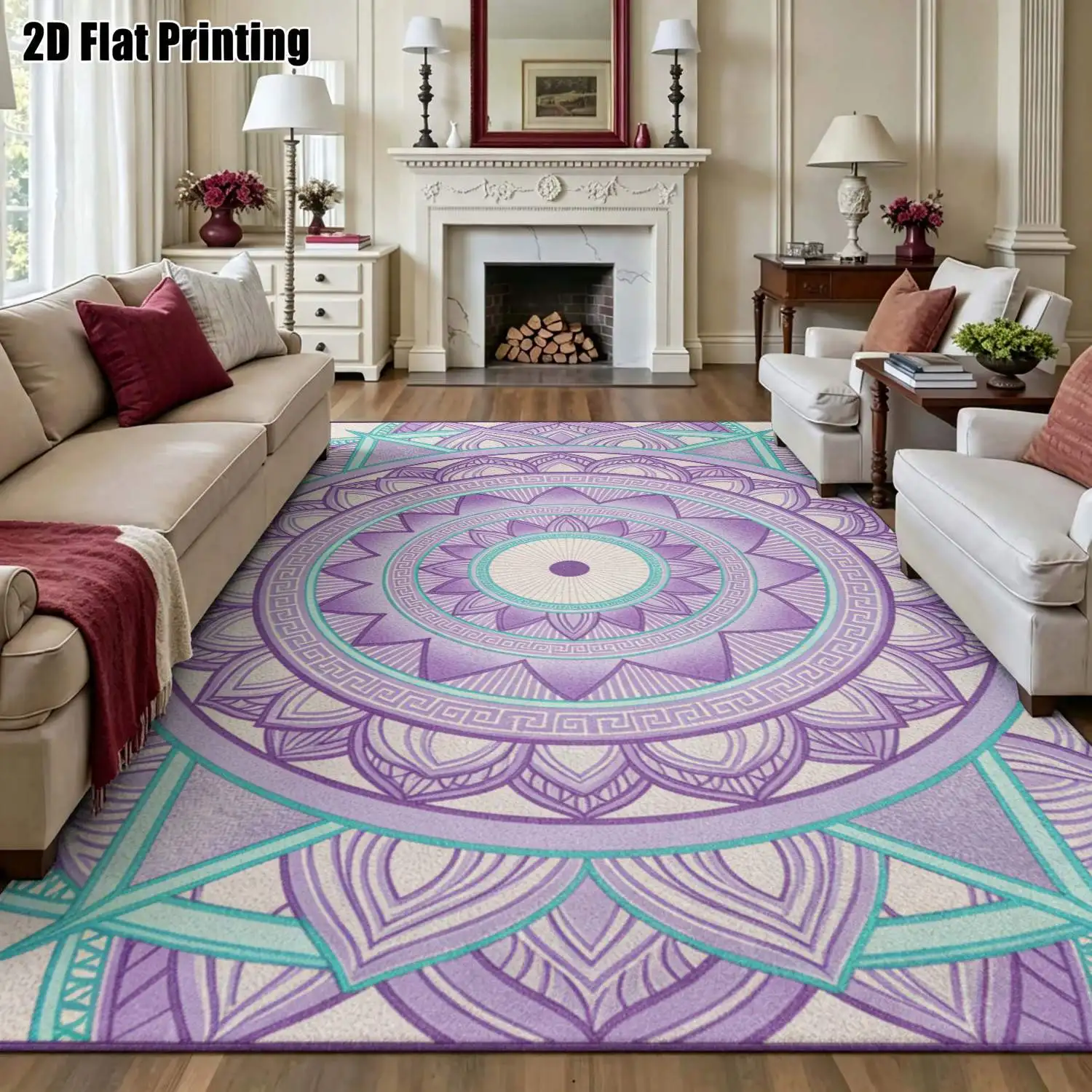 1Pc 2D Printed Purple-Blue Mandala Nordic/Bohemian/Instagram Carpet, Home Decor, Multi-Size, Machine Washable, Suitable for Entrance, Dining, Bedroom, Study, Living Room