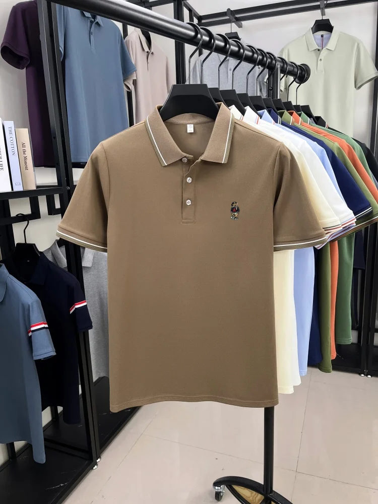 

High end brand men's short sleeve polo shirt summer new fashion cartoon bear embroidery breathable casual stripe lapel T-shirt