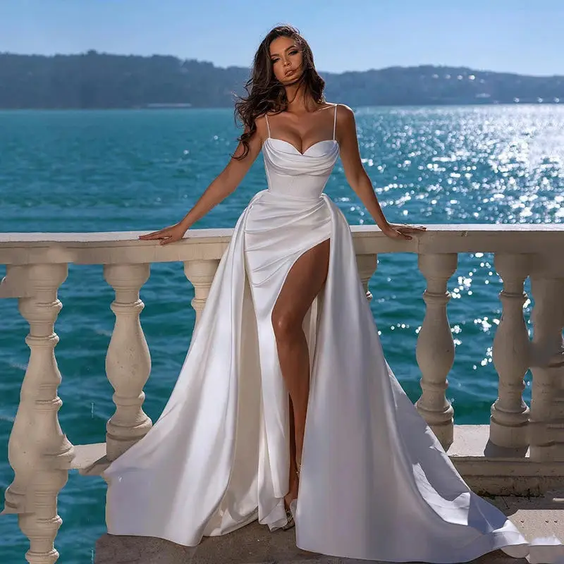 Custom Made Elegant Beach Wedding Dress Satin Pleat 2023 High Split Sexy Bridal Party Vintage Vestido De Novia