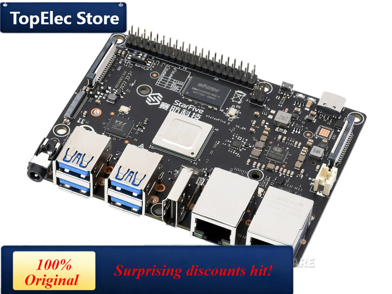 TopElec VisionFive2 RISC-V Single Board Computer, StarFive JH7110 Processor with Integrated 3D GPU, base on Linux