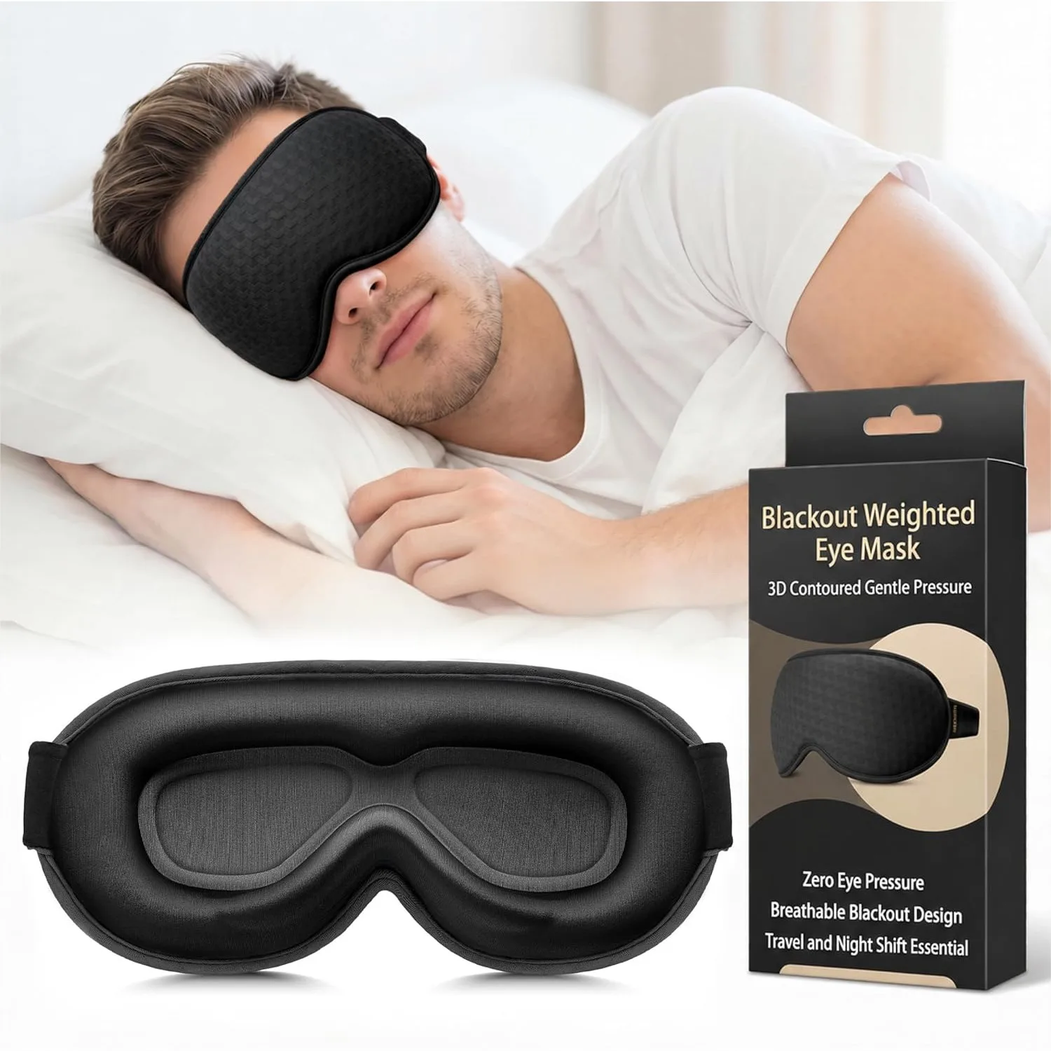 Antifaz con peso para dormir, antifaz 3D contorneado con presión suave para hombres y mujeres, ideal para viajes en avión, esencial para turnos nocturnos, sin presión en los ojos, transpirable, color negro