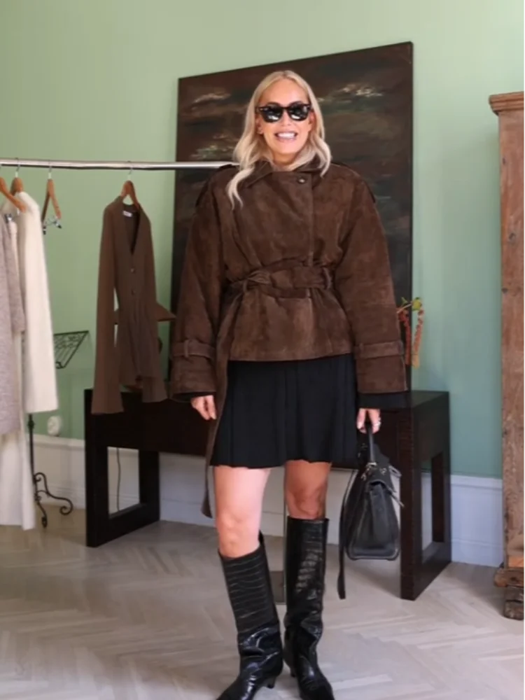 

Vintage Suede Belt Women's Jackets Brown Turn-down Collar Full Sleeve Lace Up Short Female Coat 2025 Autumn Winter Lady Outwears