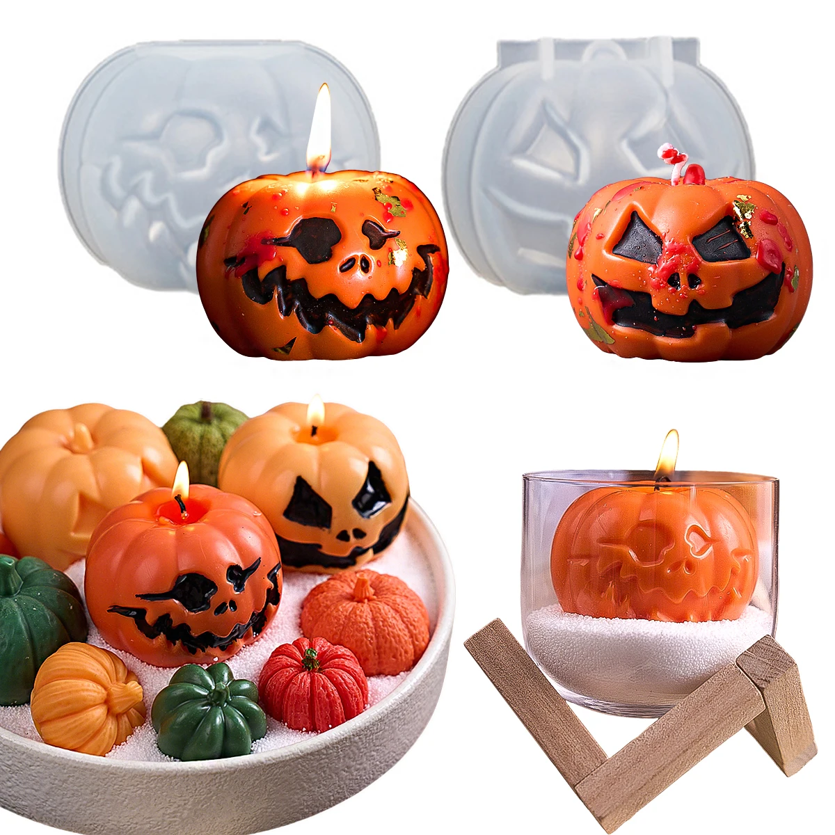 3D-Halloween-Kürbis-Silikonform für Duftkerzen, einfache Entformung, DIY, lustiger Ausdruck, Gipsherstellung, Harzform, Festival-Handwerk