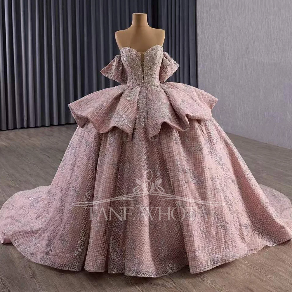 

Pink Quinceanera Dress Sweetheart Off-Shoulder Lace-Up Back Sequined Crystal Beading Customized Prom Gown