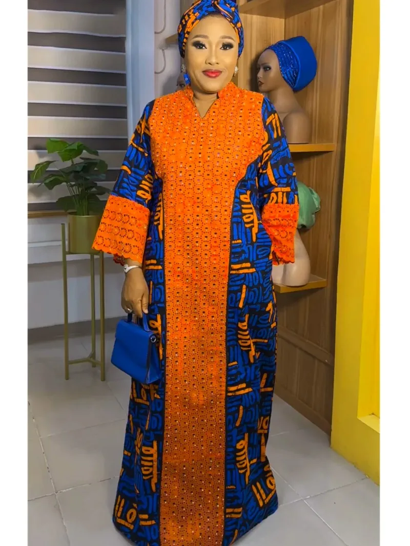 

Elegant African Dresses for Women Muslim Lace Boubou Dashiki Traditional Africa Clothes Ankara Outfit Evening Gown with headtie