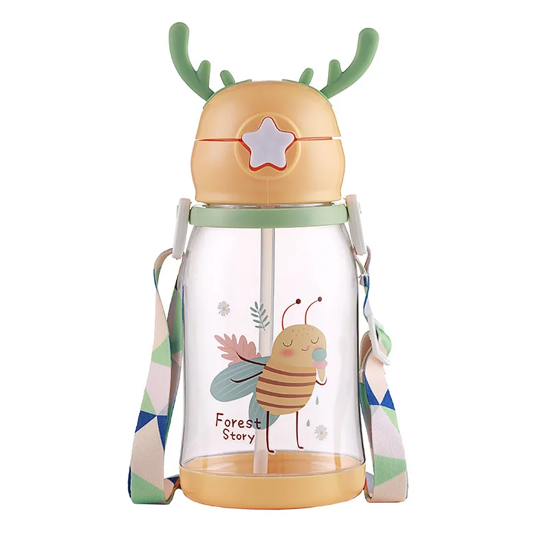 580ml Kids Water Bottles Drinking Cup Deer Antler Creative Cartoon Feeding Cup with Straw Leak Proof Water Bottle Outdoor