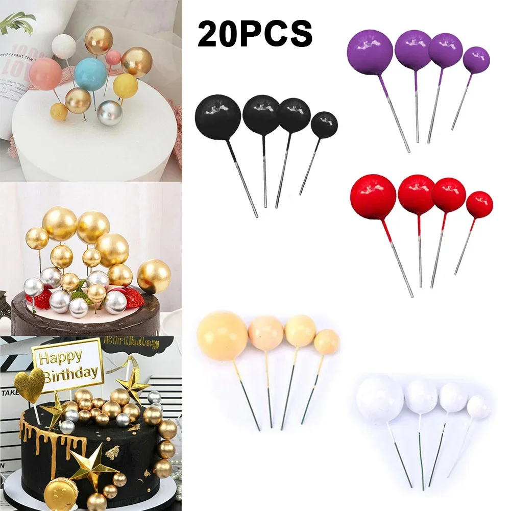 20pcs Glittering Color Ball Cake Topper Decoration Birthday Merry Party Cupcake Topper Mixed Ornaments Home Baking Decor