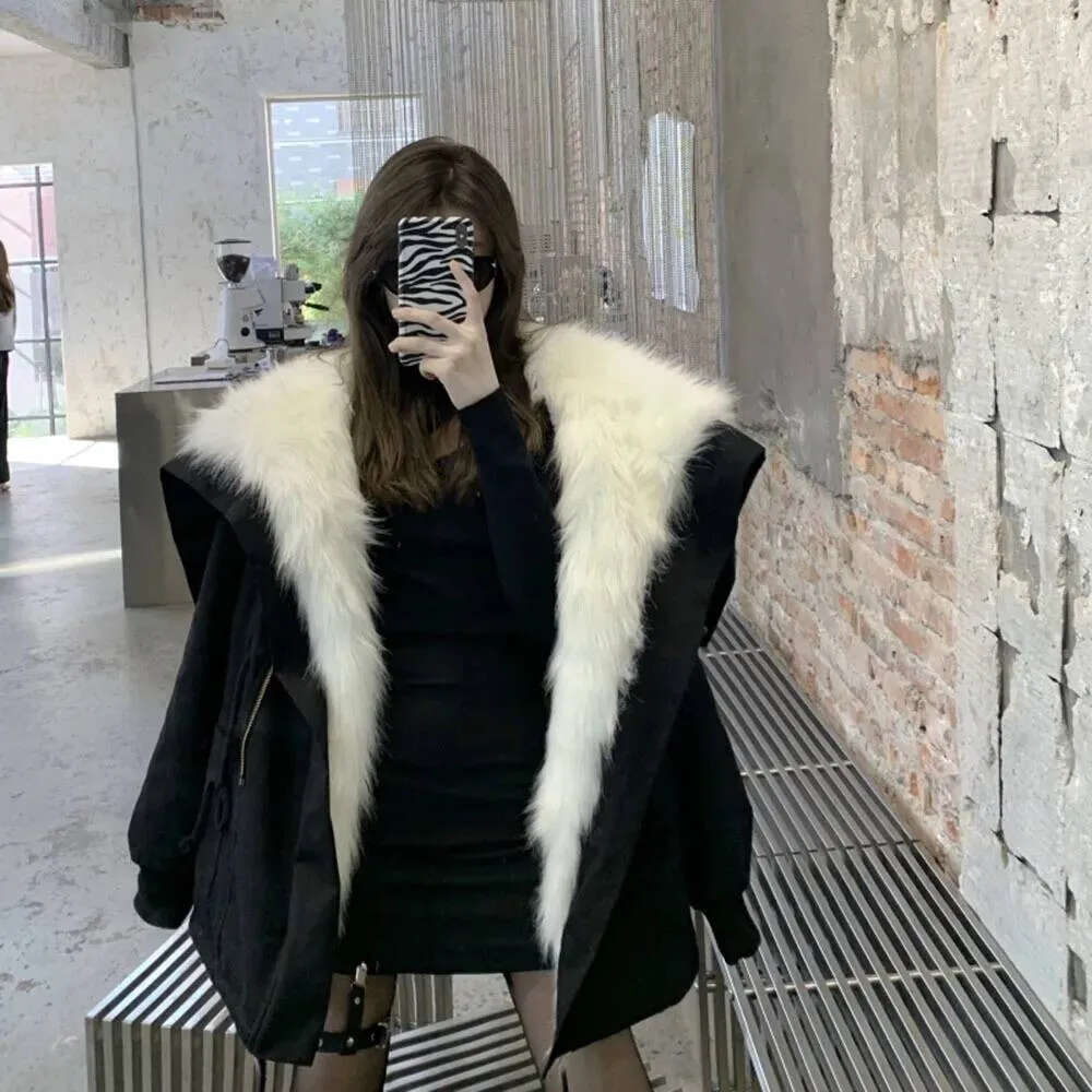 

Winter Fleece Thicken Warm Solid Women Parka Autumn Black Oversize Jackets Faux Fox Fur Plush Padded Coat Female Casual Overcoat