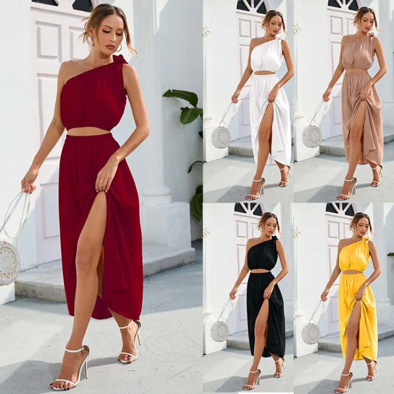 

Hot Sale of The Season Fashionable Women's Butterfly Knot Off-Shoulder Split Dress Two-Piece Set Elegant Skirt and Top Ensemble
