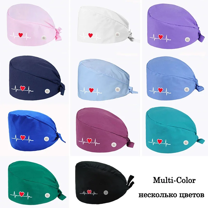 Gorro bordado con forma de corazón para mujer, gorro de enfermera con botones, para salón de belleza, farmacia, laboratorio, mascota, médico quirúrgico, sala de operaciones