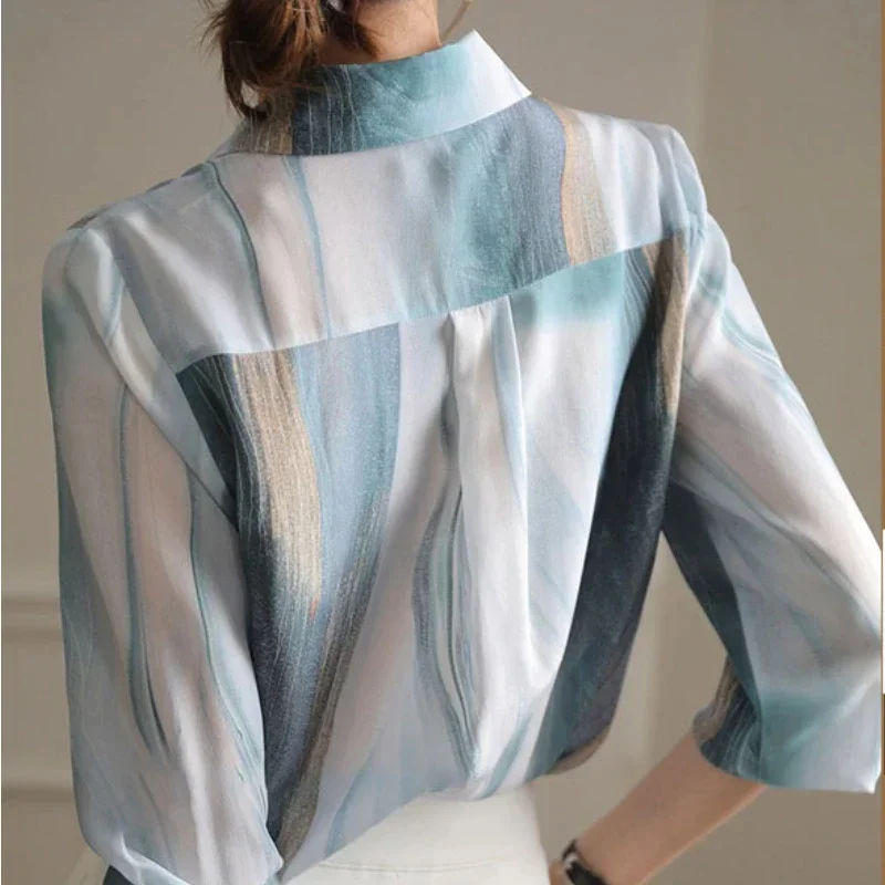 Silk Shirts For Women Tops Spring Korean Loose Blouse Clothing Long Sleeve Casual Striped Blue Shirt Zm3084