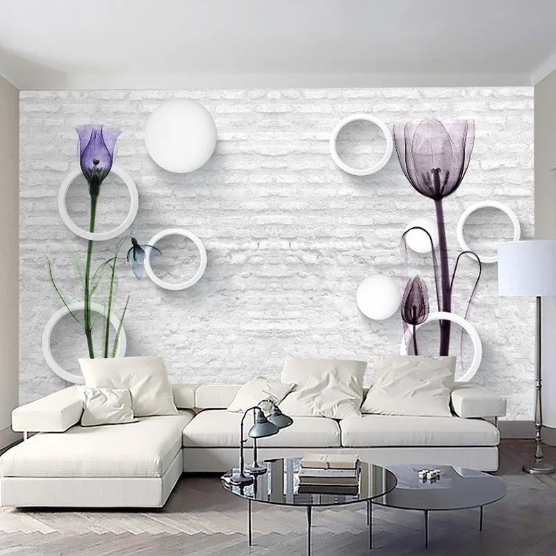 Custom Photo Wallpaper 3D Brick Pattern Circle Ball Tulip Flowers Abstract Art Mural Wall Paper Living Room TV Background Decor