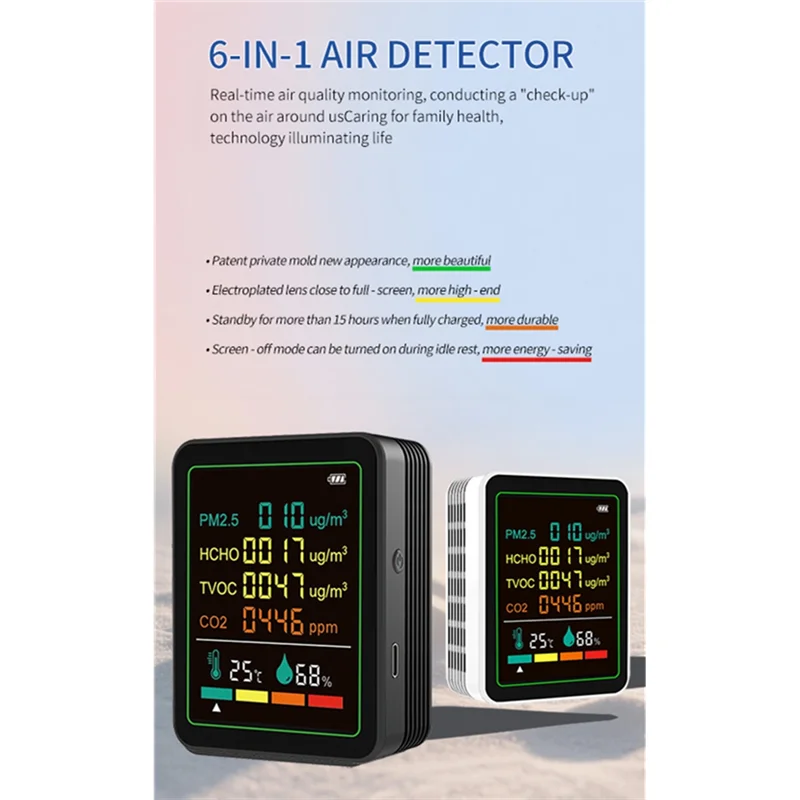 【Design elegante】 Rilevatore digitale di monitoraggio della qualità dell'aria 6In1 Formaldeide TVOC PM2.5 /CO2 Tester di umidità della temperatura