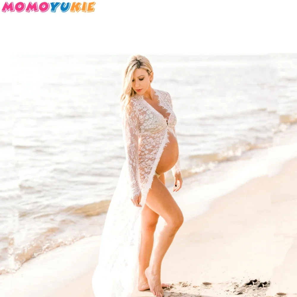 V Neck Clothes for Pregnant Women Maternity Lace Cardigan Long Dress Gown for Pregnant Fancy Shooting Photo Session Props