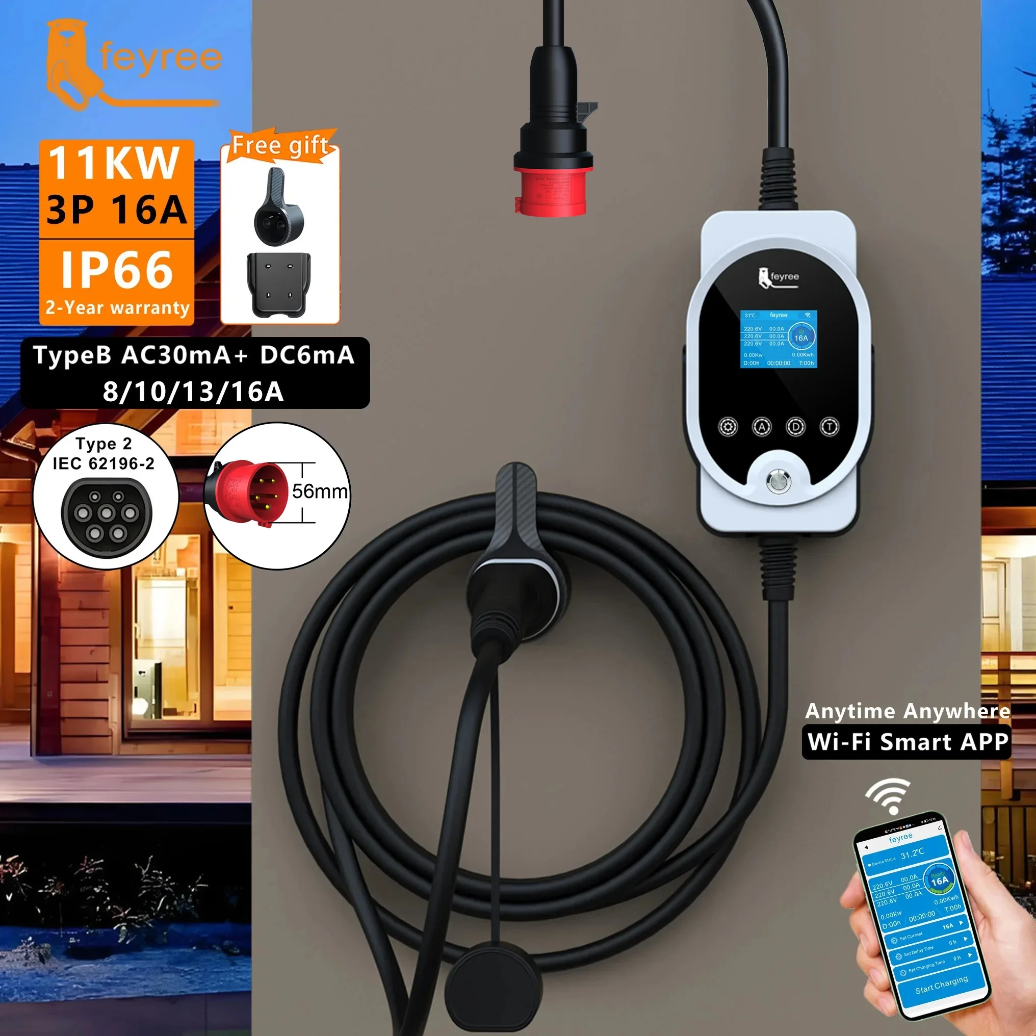 Feyree Typ2 11KW EVSE Wallbox EV Tragbares Ladegerät 16A 3Phase Wi-Fi Smart APP Control Ladestation für Elektroauto-Ladegerät – Detail 3