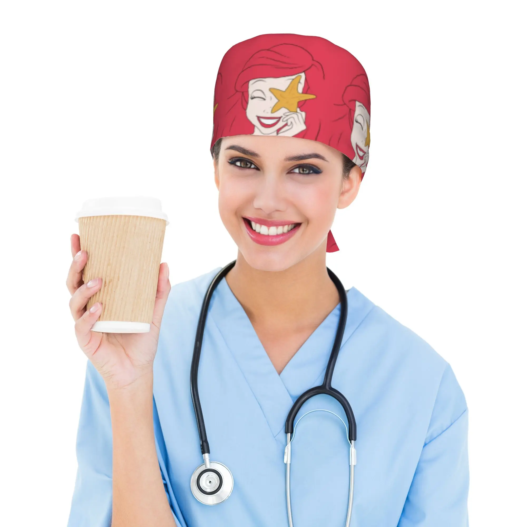 Adjustable The Little Anime M-Mermaid   Working Hat The Little Mermaid Scrub Caps Scrub Nursing Doctor Surgeon Cap for Chef