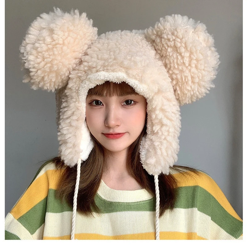 Autumn Winter Cute Pullover Earmuffs Warm Cap Bandage Mickey Big-ear Cashmere Bomber Hats Women Fluffy Hat with Ears Ski Mask