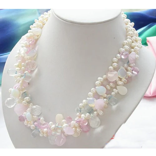 

Favorite Pearl Jewelry,3Row 18'' White Pearl Pink Crystal Opal Drip Necklace,Classic Wedding Birthday Party Perfect Women Gift