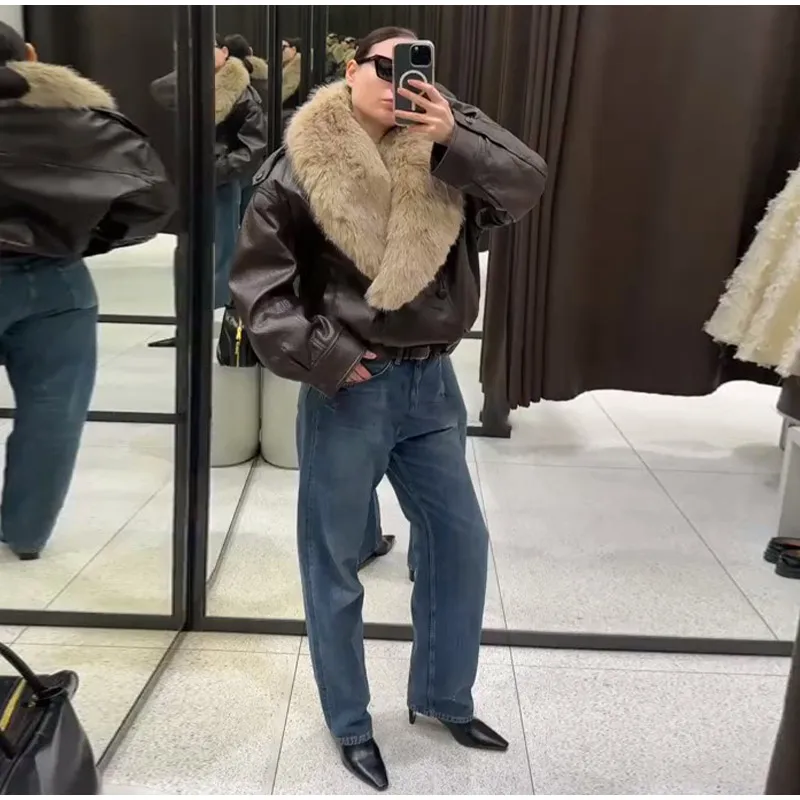 Elegant PU Fur Patchwork Jacket Women Loose Detachable Collar Lapel Double Breasted Jackets Female Fashion Winter Warm Outwear