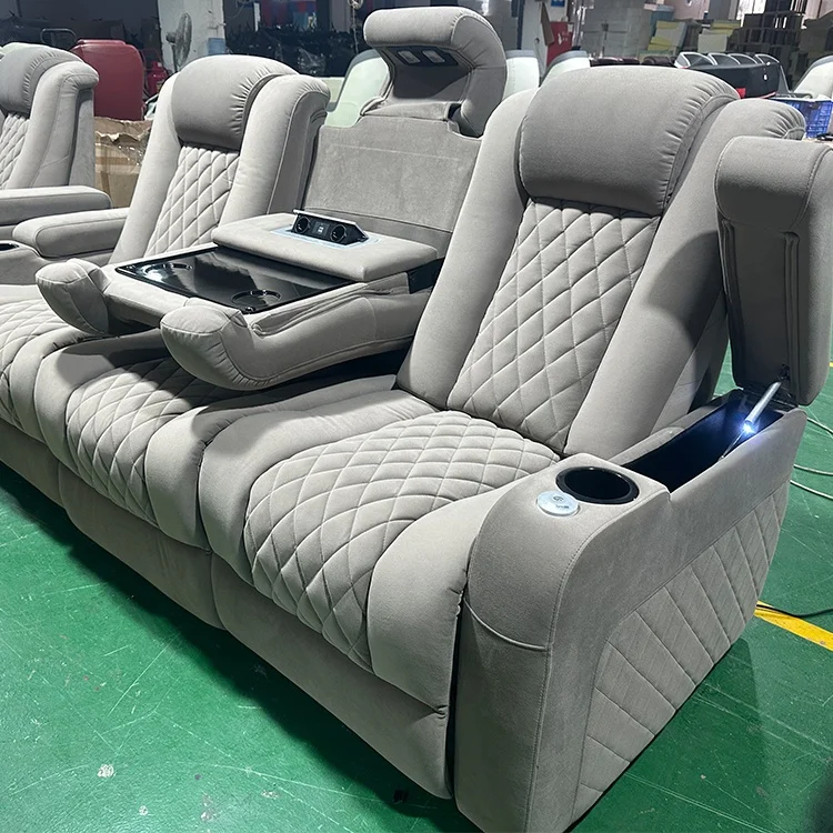 Popular comfortable gray recliner theater seating home use theater automatic theater chairs velvet fabric 3  seater sofas