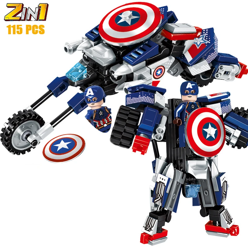 Bloques de construcción de superhéroes de Marvel para niños, juego de ladrillos transformables para motocicleta Mecha 2 en 1, modelo de película de