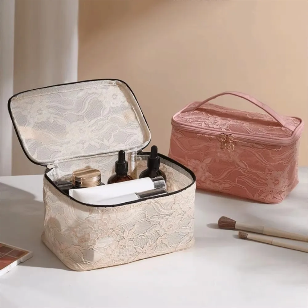 

Fashion Solid Color Lace Makeup Bag Large Capacity with Handle Cosmetic Storage Bag Multifunctional Breathable Toilet Bag Travel