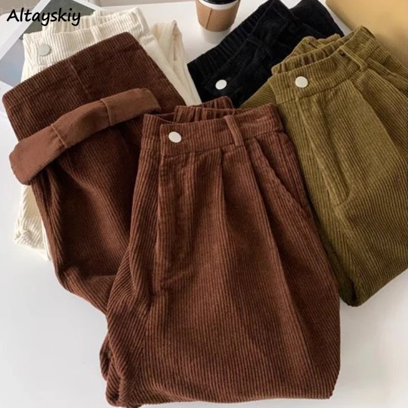 

Corduroy Wide Leg Pants for Women High Waist Plus Velvet Stylish Vintage Trousers Leisure Students Ulzzang College Streetwear