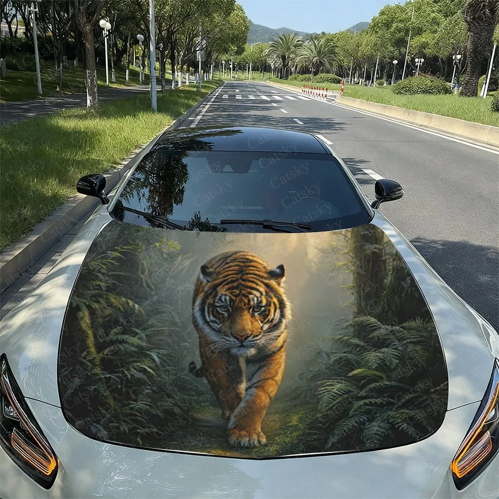 Tiger Walk Cautiously Car Hood Sticker PVC Self Waterproof Stick,Striking Auto Exterior Accessories Decor Protect Gift for Lover
