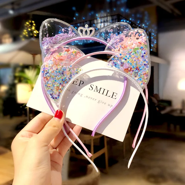 Dziewczęce śliczne błyszczące cekiny kocie uszy opaski do włosów słodka ozdoba z pałąkiem na głowę księżniczka prezent nakrycia głowy moda dziecięca akcesoria do włosów