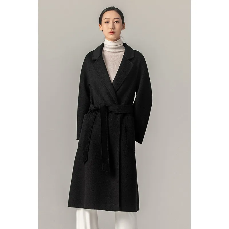 

2023 Casual Women Water Ripple 100% Wool Coat Autumn Winter New Bathrobe Double-side Wool Coat Lace Up Woolen Long Coat Female A