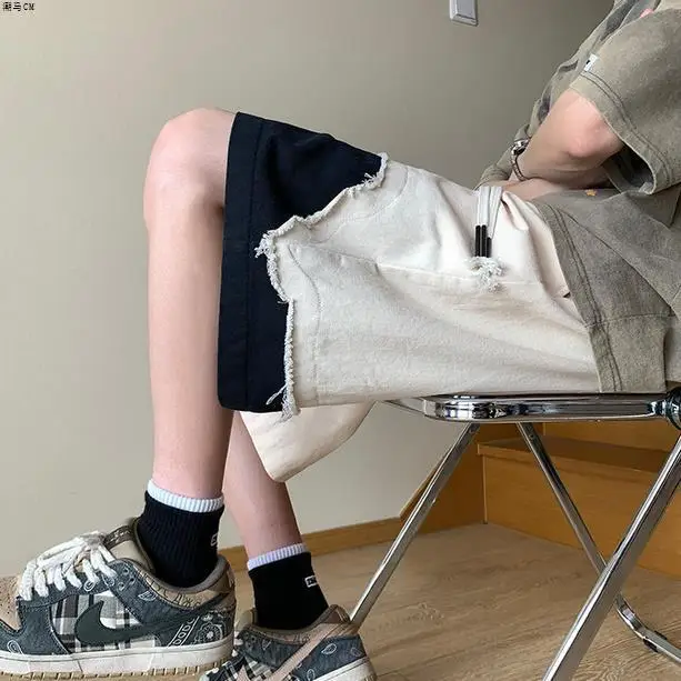 Denim Men's Summer Shorts Design Sense High Street Versatile Shorts Boys Contrasting Colors Irregular Splicing Ripped