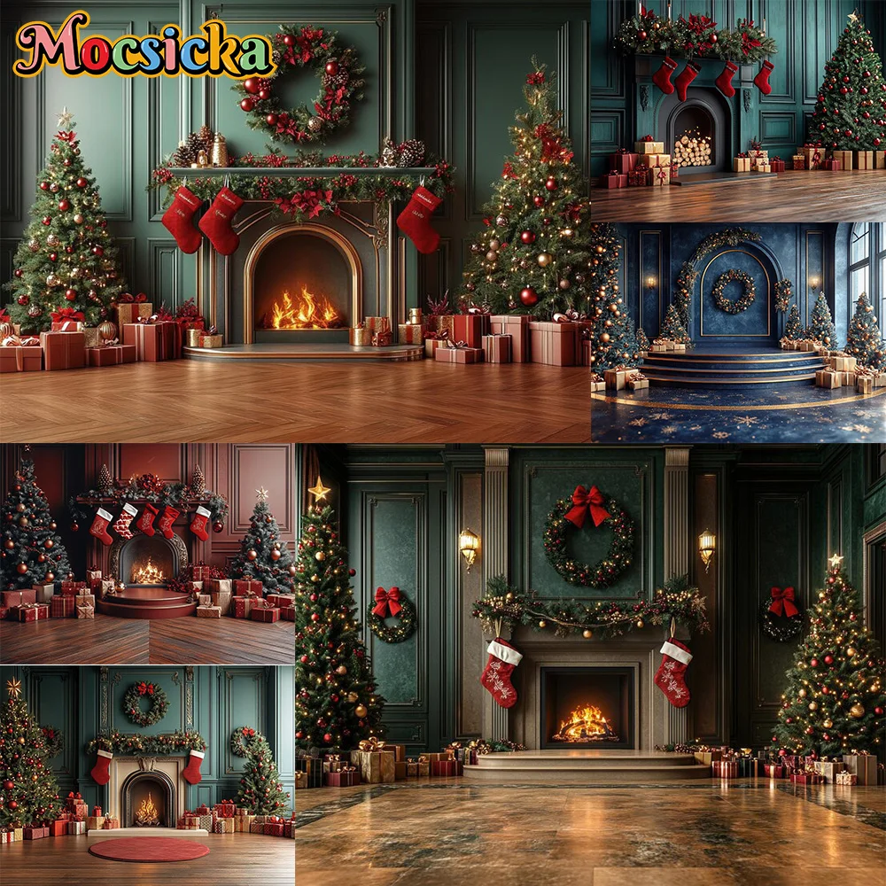 Mocsicka Fotografie Hintergrund Frohe Weihnachten Kranz Kamin Dekoration Hintergrund Kinder Urlaub Party Porträt Foto Studio