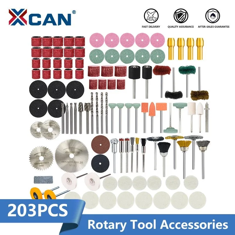 XCAN – Kit d\'accessoires pour outils rotatifs, bande de ponçage, papier de verre, lame de scie à métaux, mandrin de perçage pour outil rotatif Dremel