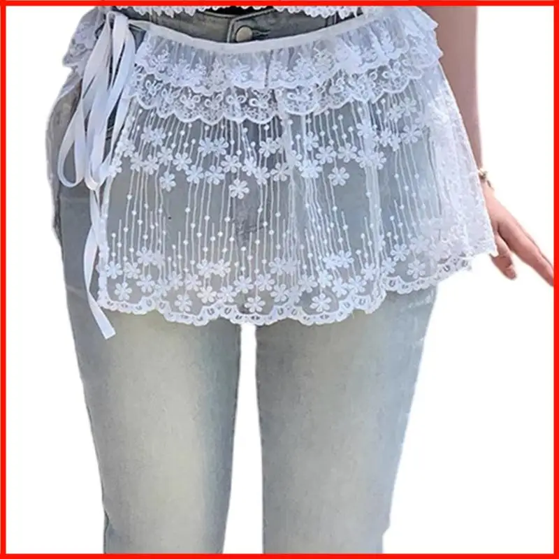 Corea ver través flores encaje mini delantal falda cadera cubriendo sobretensura bufanda