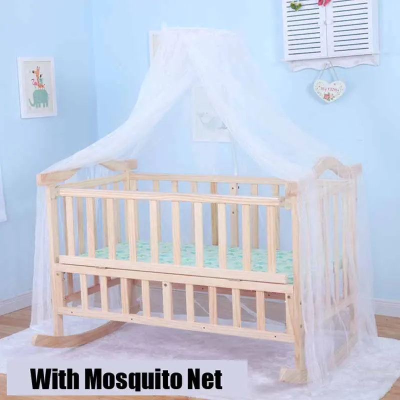 1.2M Auto Rocking Cradle, Baby Swing Pine Cribs, No Paint Safety Natural Color Bed With Mosquito Net And Bedding Set