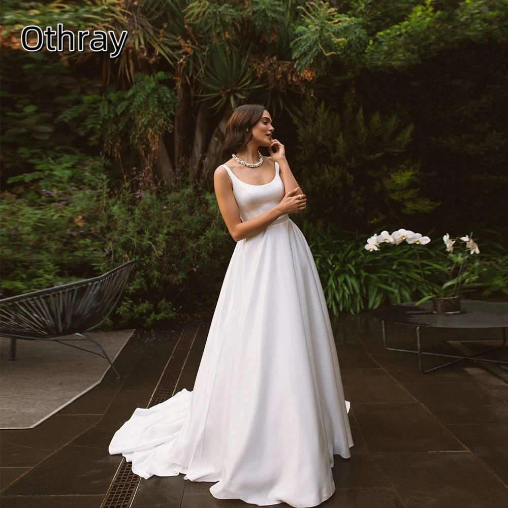 

A Line Wedding Dresses Satin Sweep Train Sleeveless Bridal Gowns For Women Buttons Backless Customized robe de marié