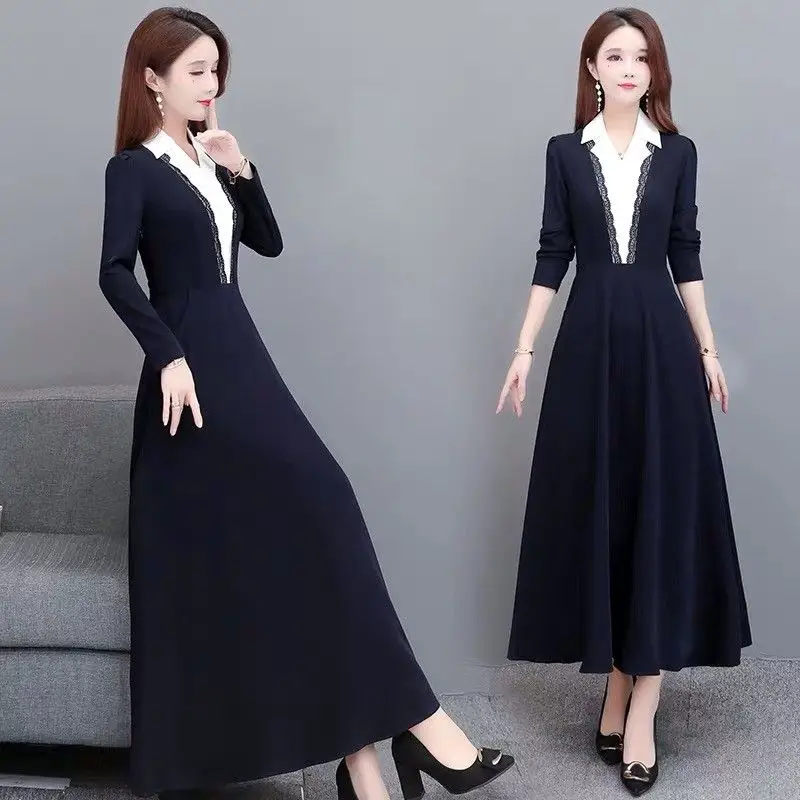 

Elegant Notched Collar Pleated Dress Korean Fashion Long Sleeve A-line Midi Vestido Autumn and Winter Casual Slim Dresses V486