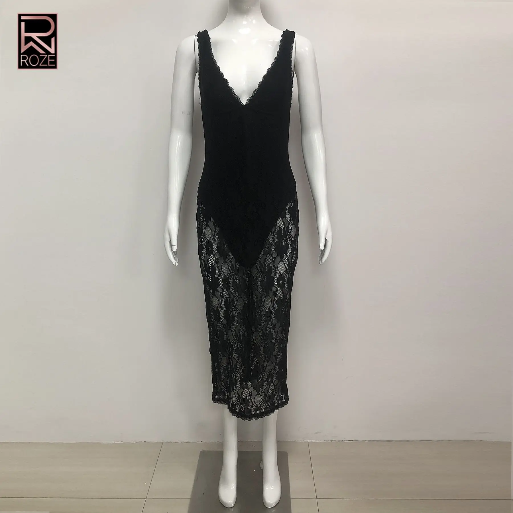 ROZE 2026 Trendiges schwarzes Spitzen-Cami-Midikleid mit V-Ausschnitt – schmal geschnittenes Damen-Party-/Datumsabendkleid für besondere Anlässe