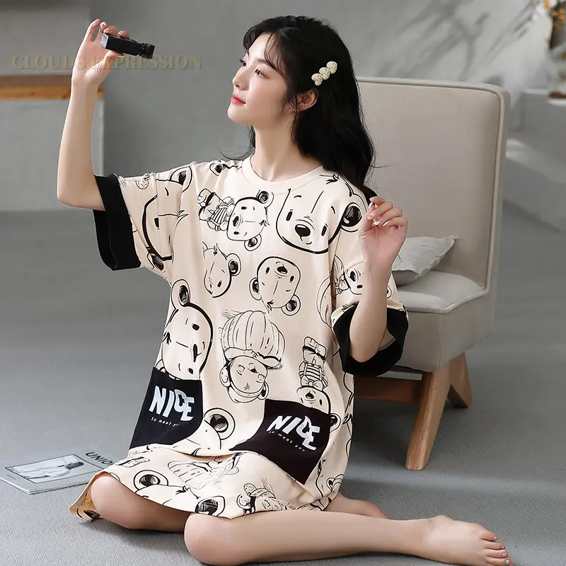 Summer Cartoon Printing Knitted Kawaii Girls Sleep Dress Womens Nightgowns Nighttie Pink Sleepshirts Ladies Dresses Home Fashion